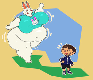 anthro belly big_belly big_breasts big_butt bottomless bottomless_female breasts butt clothed clothing deep_navel duo exposed_belly fat_arms fat_rolls female huge_belly huge_breasts huge_butt hyper jiggling larger_female male male/female navel overweight overweight_female rabbit_ears running shirt shirt_only size_difference t-shirt t-shirt_only thick_thighs tight_clothing tight_shirt tight_topwear topwear topwear_only wide_hips neetbean animal_crossing nintendo ruby_(animal_crossing) villager_(animal_crossing) human lagomorph leporid mammal rabbit hi_res