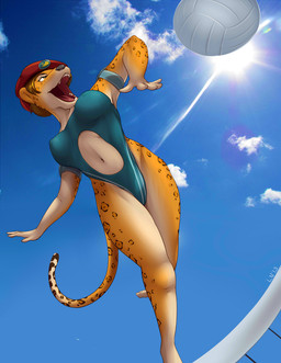 amber_eyes anthro ball belly_cutout beret biped black_nose breasts brown_hair clothing cosplay cutout female hair hat headgear headwear jumping navel net one-piece_swimsuit open_mouth outside sky solo sport sun swimwear tail volleyball volleyball_(ball) volleyball_net littlenapoleon capcom street_fighter cammy_white felid jaguar mammal pantherine 2013 hi_res