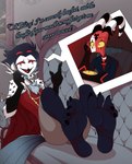 anthro barefoot calling dialogue duo feet furniture male male/male sofa soles foot_ninja15 helluva_boss blitzo_(helluva_boss) stolas_(helluva_boss) avian bird demon imp owl absurd_res digital_drawing_(artwork) digital_media_(artwork) hi_res