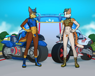 anthro balls black_outfit boots bottomless bottomless_male brown_body brown_eyes brown_fur casual_chastity casual_exposure chastity_cage chastity_device clothed clothing collar duo footwear forest fur genitals green_eyes hands_on_hips leather leather_clothing male motorcycle mutual_chastity orange_body orange_fur outside plant shoes skimpy tail tree vehicle diacordst paw_patrol chase_(paw_patrol) wild_(paw_patrol) canid canine canis domestic_cat domestic_dog felid feline felis german_shepherd herding_dog mammal pastoral_dog tabby_cat 2026 5:4 hi_res