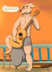 anthro big_bulge bottomwear bulge clothing detailed_bulge ear_piercing ear_ring eyewear genital_outline glasses guitar huge_bulge hyper hyper_bulge male musical_instrument penis_outline piercing plucked_string_instrument ring_piercing solo string_instrument swimming_trunks swimwear text alythewolfcat animal_crossing nintendo k.k._slider canid canine canis domestic_dog mammal english_text hi_res