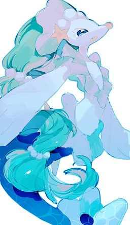 ambiguous_gender anthro blue_eyes blue_hair eyelashes fangs gem hair open_mouth pearl_(gem) simple_background solo split_form starfish_(accessory) tail teeth white_body bokozq nintendo pokemon aquatic asterozoan echinoderm generation_7_pokemon pokemon_(species) primarina starfish 2026 hi_res