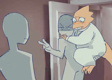 5_fingers ambiguous_gender angry anthro barefoot blush buckteeth carrying_another clothed clothing coat doorway eyewear feet female fingers frown gesture glasses group half-closed_eyes hand_gesture holding_character inside lab_coat looking_down narrowed_eyes photo_background pointing pointing_at_another sad scales tail teeth thick_tail topwear yellow_body yellow_scales napstachill undertale undertale_(series) alphys anon human lizard mammal reptile scalie photography_(artwork)
