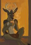 anthro antlers beverage blue_eyes clothed clothing coffee horn male solo topless amara_telgemeier deer mammal 2017