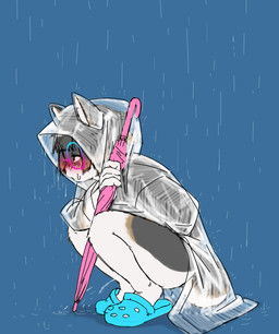 anthro blush bodily_fluids bottomless bottomless_anthro bottomless_female clothed clothing coat crouching eyewear female female_peeing footwear fur genital_fluids glasses hair half-closed_eyes holding_object holding_umbrella multicolored_body multicolored_fur narrowed_eyes peeing raincoat raincoat_only raining short_tail side_view simple_background solo tail topwear translucent translucent_clothing umbrella urine urine_stream watersports wearing_glasses haganedon crocs canid canine canis domestic_dog mammal 2023 digital_drawing_(artwork) digital_media_(artwork) flat_colors full-length_portrait hi_res portrait
