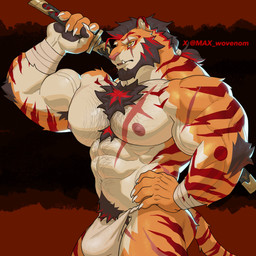 abdominal_scar abs anthro asian_clothing barazoku beard biceps black_hair black_pawpads body_hair chest_hair chest_scar chest_tuft claws clothed clothing deltoids east_asian_clothing eye_scar facial_hair facial_scar finger_claws fundoshi fundoshi_only fur hair highlights_(coloring) hip_scar holding_katana holding_melee_weapon holding_object holding_sword holding_weapon japanese_clothing katana leg_scar male melee_weapon multicolored_body multicolored_fur muscular muscular_male nipples orange_body orange_fur pawpads pecs pubes red_background red_highlights red_stripes scar shoulder_scar simple_background solo striped_body striped_fur stripes sword tail tan_body tan_fur text thigh_scar topless tuft twitter_handle underwear underwear_only vein veiny_muscles weapon white_clothing white_fundoshi white_underwear wraps wrist_wraps x_scar yellow_eyes max_wovenom buzanpaku felid mammal pantherine tiger 1:1 2026 absurd_res artist_name hi_res