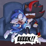 annoyed anthro clothing digit_ring duo eek exclamation_point footwear furniture gasp husband husband_and_husband jewelry male male/male married_couple ring scared socks sofa watching_movie watching_television wedding_ring white_clothing white_footwear white_socks trenchcoatgecko sega sonic_the_hedgehog_(series) shadow_the_hedgehog sonic_the_hedgehog eulipotyphlan hedgehog mammal hi_res