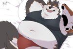 anthro belly big_belly black_nose blush clothing eyes_closed humanoid_hands kemono lying male navel overweight overweight_male shirt solo topwear underwear uokkom canid canine canis domestic_dog mammal 2024 hi_res