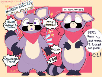 anthro arrow_sign biped black_body black_fur black_nose black_tail blush bodily_fluids duo ears_aside exclamation_point fingers front_view frown fur kerchief looking_at_object male multicolored_body multicolored_fur neckerchief neckwear nervous open_mouth open_smile plushie profanity pupils purple_body purple_ears purple_eyes purple_fur purple_tail red_kerchief red_neckerchief simple_background smile sparkles standing sweat tail tan_body tan_fur text two_tone_tail sushiamazing indigo_park rambley_raccoon mammal procyonid raccoon 2026 artist_name digital_media_(artwork) english_text hi_res