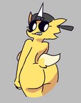 anthro backwards_cap backwards_hat breasts butt clothing female fur hat headgear headwear horn nervous rear_view solo thick_thighs yellow_body yellow_fur poundfulpanda jacqueline_(ic0nmon) canid canine canis domestic_dog mammal pup_(adventure_time) rainicorn