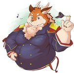 anthro antlers blue_eyes blue_uniform brown_body brown_fur clothing fluffy_chest fur hat headgear headwear horn looking_at_viewer male military_uniform moobs musical_note musical_symbol overweight overweight_male simple_background smile smiling_at_viewer solo symbol thick_fingers twirling_crown uniform whistling white_background snco333 tamacolle kazusa deer mammal hi_res