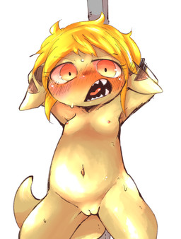 anthro arms_tied blonde_hair blush bodily_fluids bound breasts brown_body fangs female genitals hair hands_behind_head innie_vulva loli messy_hair navel nipples nude pole simple_background small_breasts solo sweat tail teeth tied_to_pole vulva white_background young young_anthro young_female doneru tany_(doneru) bamfear hi_res adult_(lore)