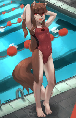 5_toes ahoge anthro barefoot breasts brown_body brown_fur brown_hair bulge clothed clothing collarbone covered_navel eyebrow_through_hair eyebrows eyelashes feet fur gynomorph hair intersex long_hair looking_at_viewer one-piece_swimsuit open_mouth orange_eyes plantigrade poolside simple_background small_breasts solo swimwear teeth toes tongue translucent translucent_hair water wet young young_anthro young_gynomorph young_intersex seraziel spice_and_wolf holo_(spice_and_wolf) canid canine canis mammal wolf digital_media_(artwork) hi_res shaded