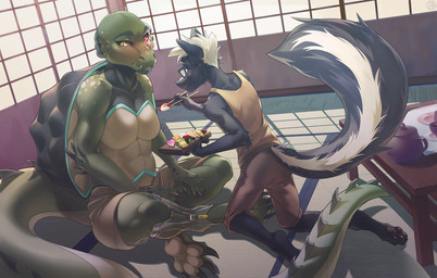 anthro blush chopsticks claws cybernetics duo eyewear feeding feeding_partner female floor_mat food furniture glasses interspecies interspecies_romance machine male male/female shell size_difference sushi sushi_platter table teapot toe_claws wearing_glasses el-ricado legend_of_ahya ariana_'ari'_(darkflamewolf) steven_stinkman crocodile crocodilian hybrid mammal mephitid reptile scalie skunk tortoise turtle hi_res