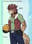 anthro belt brown_body brown_fur brown_hair clothing costume fur hair headgear headwear jacket kemono machine male muscular muscular_anthro muscular_male smile solo topwear raxkiyamato gundam gundam_build_divers_re:rise haro jed_(gundam_build_divers_re:rise) canid canine canis domestic_dog humanoid mammal robot hi_res