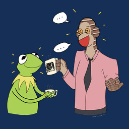 anthro business_casual clothing container cup ellipsis male male/male mug necktie nude_anthro puppet sock_monkey suit hellhoundz_133 31_minutos lipton_(brand) muppets the_muppet_show kermit_the_frog tulio_(31_minutos) amphibian frog haplorhine mammal monkey muppet primate unknown_species alpha_channel hi_res