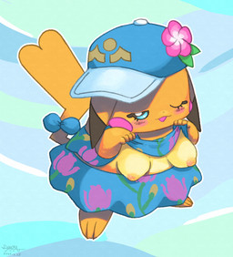 abstract_background anthro blue_eyes blush blush_lines bottomwear breasts clothing female flower_accessory hat headgear headwear inverted_nipples looking_at_viewer nipples one_eye_closed one_eye_half-closed open_mouth orange_body paws presenting presenting_breasts skirt solo tail bluescape735 nintendo pokemon pokemon_winds_and_waves ms._wavychu generation_1_pokemon pikachu pokemon_(species) shiny_pokemon 2026 absurd_res dated hi_res signature