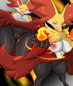 anthro big_ears breasts clothing curvy_figure fur genitals high-angle_view inner_ear_fluff looking_at_viewer low-angle_view multicolored_body multicolored_fur nipples orange_eyes robe solo thick_thighs tuft voluptuous vulva zerrymon nintendo pokemon canid canine delphox generation_6_pokemon mammal pokemon_(species) absurd_res hi_res