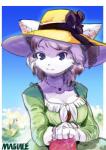 alternative_fashion anthro blue_eyes breasts clothed clothing country_lolita day dress female flower fully_clothed fur furgonomics gloves green_clothing green_dress hair handwear hat headgear headwear j-fashion jewelry kemono lolita_(fashion) looking_at_viewer necklace outside plant sky smile solo white_body white_fur white_hair magiace domestic_cat felid feline felis mammal absurd_res half-length_portrait hi_res portrait