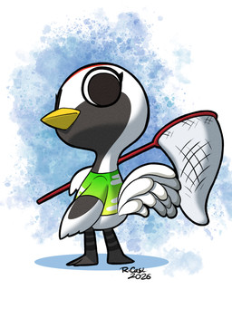 abstract_background anthro barefoot beak beak_closed big_head black_body black_eyes black_feathers black_scutes bottomless bottomless_anthro bottomless_female bug_net clothed clothed_anthro clothed_female clothing eyelashes feathered_wings feathers feet female female_anthro flat_chested grey_body grey_feathers head_turned holding_bug_net looking_at_viewer mouth_closed multicolored_body multicolored_feathers red_body red_feathers scuted_legs scutes shirt shirt_only solo tail tail_feathers topwear topwear_only white_body white_feathers wings yellow_beak rongs1234 animal_crossing nintendo gladys_(animal_crossing) avian bird crane_(bird) gruiform grus_(genus) red-crowned_crane 2026 3:4 dated hi_res signature