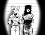 2024 anthro arrested black_and_white blood blood_on_clothing bodily_fluids bottomwear canid canine canis carol_(hladilnik) clothed clothing collar cuff_(restraint) daniel_(hladilnik) digital_media_(artwork) dirty dirty_clothing domestic_dog dress duo ears_up eye_bags eyeless female fur ghost hair handcuffs hi_res hladilnik holding_object information_board jumpsuit logo male mammal metal_cuffs monochrome mugshot photo restraints sad scp_foundation simple_background sketch slit_throat spirit text topwear uniform wounded