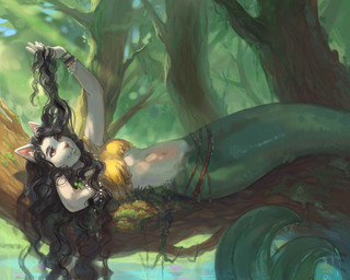 anthro black_hair breasts curly_hair female fur green_body green_scales hair in_tree looking_up lying navel outside plant scales smile solo split_form tree water whiskers white_body white_fur devergilia mermay ida_(devergilia) aquatic domestic_cat felid feline felis mammal merfolk 2022 5:4 digital_media_(artwork) hi_res