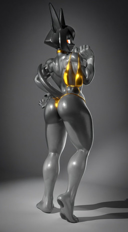 anthro big_butt bikini butt choker clothed clothing feet female gold_bikini grey_background hair holding_bikini_top jewelry looking_at_viewer looking_back looking_back_at_viewer muscular muscular_female necklace orange_eyes pawpads rear_view short_hair simple_background solo swimwear thick_thighs topless two-piece_swimsuit wide_hips vllrukkin xaiarts_(modeler) dog_knight_rpg rory_(ceehaz) canid canine canis dobermann domestic_dog mammal pinscher 3d_(artwork) digital_media_(artwork) hi_res monochrome