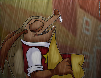 anthro brown_body brown_skin buckteeth clothing cowboy cowboy_hat eyes_closed hat headgear headwear holding_clothing holding_hat holding_headgear holding_headwear holding_object long_ears male open_mouth open_smile raining scales sheriff sheriff_badge shirt smile solo tan_body tan_scales teeth topwear vest western verona7881 sly_cooper_(series) sony_corporation sony_interactive_entertainment sucker_punch_productions toothpick_(sly_cooper) armadillo mammal xenarthran 2013