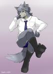 anthro bent_legs black_nose briefs bulge clothing crossed_legs eyewear fur glasses gradient_background grey_body grey_fur grey_hair hair leg_over_thigh male necktie nipples shirt simple_background solo topwear underwear yellow_eyes kemo_nuko morenatsu mitsuhisa_aotsuki canid canine canis domestic_dog husky mammal nordic_sled_dog spitz 2015