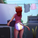 anthro balcony being_watched clean_diaper cloth_diaper clothed clothes_line clothing diaper doing_laundry duo female laundry laundry_basket looking_at_another outside plant rear_view sky solo_focus standing thin_diaper tree wearing_diaper arzdin domestic_cat felid feline felis mammal