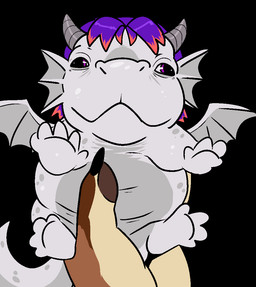 ambiguous_feral ambiguous_gender black_background black_claws chibi claws cross-eyed duo ear_frill exotropia feral finger_claws frill_(anatomy) front_view glistening glistening_eyes grey_body grey_horn grey_wings hair holding_another horn membrane_(anatomy) membranous_wings mouth_closed multicolored_hair purple_eyes purple_hair red_hair simple_background size_difference solo_focus two_tone_hair wings swampjaws mythology ambiguous_species dragon mythological_creature mythological_scalie scalie
