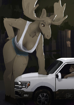 anthro antlers bent_over big_breasts bottomwear breasts brown_body brown_fur car clothed clothed_female clothing daisy_dukes denim denim_bottomwear denim_clothing denim_shorts duo eyelashes female fur hooves horn hotpants larger_anthro larger_female male shirt shorts size_difference smaller_human smile tank_top thick_thighs topwear truck vehicle wide_hips el-k deer human mammal moose new_world_deer absurd_res hi_res