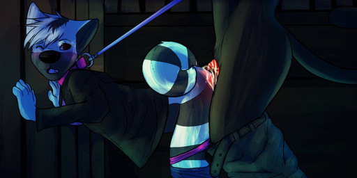 all_fours ambiguous_gender anal anthro bdsm bodily_fluids bottomwear bottomwear_down clothed clothing collar cum cum_in_ass cum_inside doggystyle duo from_behind_position genital_fluids leash male master one_eye_closed open_mouth pants pants_down partially_clothed petplay public roleplay sex stripes mangoweasel shilow canid canine canis domestic_dog felid mammal pantherine shiba_inu spitz