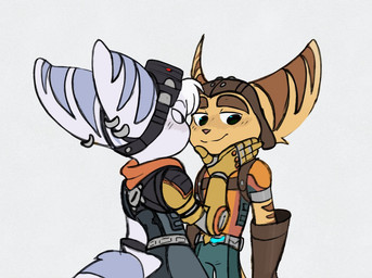 anthro blush clothed clothed_female clothed_male clothing cybernetic_arm cybernetic_limb duo ear_piercing ear_ring eyewear eyewear_on_head female fluffy fluffy_tail fur gloves goggles goggles_on_head hair hand_on_face handwear male male/female markings piercing ring_(marking) ring_piercing ringed_tail striped_markings striped_tail stripes tail tail_markings white_body white_fur white_hair yellow_body yellow_fur time_fluffy500 ratchet_and_clank sony_corporation sony_interactive_entertainment ratchet_(ratchet_and_clank) rivet_(ratchet_and_clank) lombax mammal