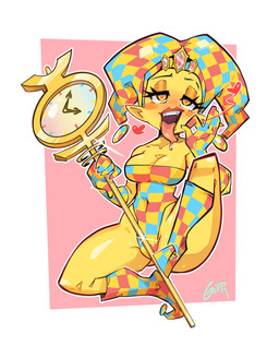 armwear breasts cleavage clock clothed clothing elbow_gloves female front_view gloves half-closed_eyes handwear heart_eyes heart_symbol humanoid_pointy_ears narrowed_eyes not_furry pointy_ears solo tongue tongue_out yellow_body yellow_skin gerph brain_dump clockwork_elf elf humanoid 2020 absurd_res full-length_portrait hi_res portrait
