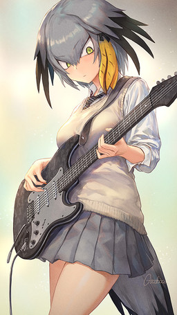 accessory adolescent bottomwear breasts clothing electric_guitar feathers female green_eyes grey_body grey_feathers grey_hair guitar guitar_pick hair hair_accessory hair_ribbon holding_object musical_instrument necktie neckwear plucked_string_instrument ribbons skirt solo standing string_instrument sweater sweater_vest tail tail_feathers topwear vest yellow_body yellow_feathers young guchico fender_musical_instruments_corporation kemono_friends stratocaster shoebill_(kemono_friends) animal_humanoid avian avian_humanoid bird bird_humanoid humanoid pelecaniform pelecaniform_humanoid shoebill_humanoid 2019 grey_theme portrait three-quarter_portrait