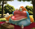 anthro belly big_belly big_breasts big_tail black_claws breasts carpet claws clothed clothing deep_navel dessert detailed_background doughnut ears_back eating eating_food female finger_claws food fox_tail fully_clothed fur grass hair holding_food holding_object huge_belly huge_breasts huge_thighs light morbidly_obese morbidly_obese_female multicolored_body multicolored_fur navel neck_tuft obese obese_female orange_body orange_eyes orange_fur orange_hair overweight overweight_female park pastry pawpads picknick pink_pawpads pivoted_ears plant sitting sitting_on_ground solo tail thick_thighs toe_claws tree tuft tufted_ears white_body white_fur wide_hips biglovealicia canid canine fox mammal 2019 detailed full-length_portrait lighting portrait shaded signature