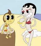 barefoot beach big_nose black_hair bodily_fluids bracelet breasts brown_hair cloud duo eyelashes feet female flat_chested grin hair jewelry seaside smile sweat wings yellow_body duskull_(artist) cuphead_(game) hilda_berg animal_humanoid arthropod arthropod_humanoid humanoid insect insect_humanoid hi_res