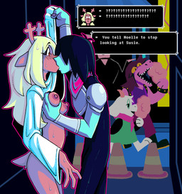 against_surface against_wall alley ambiguous_gender ambiguous_human anthro areola armor black_bodysuit black_clothing black_skinsuit blonde_hair blue_body blue_skin blush blush_lines bodily_fluids bodysuit breast_grab breasts candy clothed clothed_ambiguous clothed_anthro clothed_female clothed_human clothed_male clothing clothing_lift constricted_pupils cotton_candy dessert detailed_background dialogue dialogue_box dress dress_lift duo_focus ears_back eating eating_food eye_through_hair eyebrow_through_hair eyebrows eyewear female female/ambiguous female_anthro food french_kissing fur glasses green_clothing green_robe group hair hair_over_eyes hand_on_breast hiding horn human_on_anthro interrobang interspecies kerchief kissing male male_anthro medium_breasts mostly_nude_anthro mostly_nude_female name_drop nervous nervous_sweat nipples outline pink_areola pink_body pink_fur pink_horn pink_kerchief pink_nipples pink_outline pivoted_ears public public_nudity pupils purple_body red_eyes red_nose robe scut_tail short_tail skinsuit small_pupils surprised sweat sweaty_body tail text text_box tight_clothing traffic_cone translucent translucent_hair walking wearing_glasses white_body white_clothing white_fur white_robe ponporio deltarune undertale_(series) kris_dreemurr noelle_holiday ralsei susie_(deltarune) bovid caprine darkner deer dinosaur goat human mammal prehistoric_species reptile scalie 2025 absurd_res aliasing cel_shading digital_media_(artwork) english_text hi_res shaded smaller_version_at_source