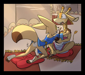 2_toes 3_toes anthro barefoot bottomless bottomless_anthro bottomless_female breasts butt cheek_markings clothed clothing cloven_hooves countershade_feet countershading dipstick_tail duo facial_markings featureless_butt featureless_crotch feet female fennec_ears fox_tail fur furniture head_markings hooved_plantigrade hooved_toes hooves markings multicolored_tail paws pillow plantigrade purple_eyes raised_tail rear_view rug shirt sitting smoking smoking_pipe soles tail tail_markings tan_body tan_fur toes topwear tunic yellow_sclera siroc farah_(siroc) kiravi_nzambe canid canine fennec_fox fox giraffe giraffid mammal true_fox digital_media_(artwork)