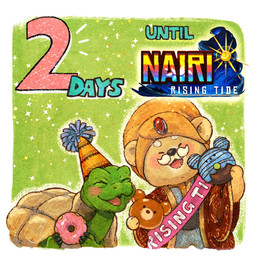 anthro black_nose blush bread clothing dessert doughnut duo eyes_closed facial_hair food green_body hat headgear headwear male mustache open_mouth party_hat pastry text homebearstudio you_miichi nairi:_rising_tide nairi_(series) abba_(nairi) tarik_(nairi) bear mammal reptile scalie turtle 1:1 2024 english_text hi_res official_art