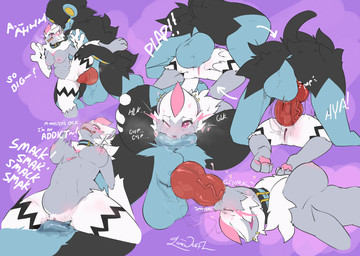 abdominal_bulge anal anal_penetration animal_genitalia animal_penis anthro anthro_on_feral anthro_penetrated balls bestiality big_balls big_breasts big_knot big_penis black_body black_fur blue_body blue_fur bodily_fluids breasts canine_genitalia canine_penis chokehold claws collar deep_penetration deep_throat duo erection female female_penetrated feral feral_penetrating feral_penetrating_anthro fur genital_fluids genitals headlock heart_eyes heart_symbol huge_knot knot knotted_penis knotting male male/female male_penetrating male_penetrating_female master nipples nude oral oral_knotting oral_penetration penetration penile penis pink_body pink_fur sex simple_background spread_legs spreading tears thick_knot vaginal vaginal_knotting vaginal_penetration vulva white_body white_fur lonewolffl nintendo pokemon fan_character lone_(lonewolffl) mizu_(zeraora) felid generation_4_pokemon generation_7_pokemon legendary_pokemon luxray mammal pokemon_(species) zeraora hi_res