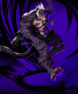 4_toes abs anthro beard belt biceps black_stripes bulge cigarette claws clothed clothing coat deltoids dog_tags ear_piercing ear_ring facial_hair facial_scar feet finger_claws forearm_muscles fur gun hair male muscular muscular_anthro muscular_male muscular_thighs navel nipples obliques pawpads pecs piercing purple_background purple_body purple_fur ranged_weapon rifle ring_piercing scar simple_background smoking smoking_cigarette solo striped_body striped_fur stripes thong thong_only toe_claws toes topless topwear trenchcoat underwear underwear_only vein veiny_muscles weapon white_hair nightterror raziel_(nightterror) felid mammal pantherine tiger 2020 dated hi_res signature