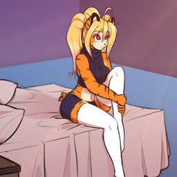 amputee anthro bed belly biped blonde_hair breast_squish breasts clothed clothing disability docked_tail female fur furniture hair halter_top legwear long_hair midriff navel orange_body orange_fur pigtails ponytail red_eyes scar shirt short_tail sitting smile solo squish stockings striped_body striped_fur stripes sweater tail thigh_highs topwear turtleneck white_belly white_body white_fur scorpdk kattleen_(scorpdk) felid mammal pantherine tiger 1:1 2015 hi_res