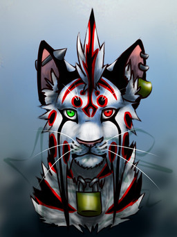 ear_piercing fluffy green_eyes heterochromia lock looking_at_viewer male padlock piercing red_eyes simple_background solo toony whiskers kero_tzuki felid mammal 3:4 hi_res