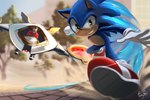 anthro blue_body blue_fur brown_hair clothing duo facial_hair footwear fur green_eyes hair looking_at_viewer male mustache quills_(anatomy) running shoes smile smiling_at_viewer sneakers teeth sheylog sega sonic_the_hedgehog_(film) sonic_the_hedgehog_(series) dr._eggman jim_carrey sonic_the_hedgehog eulipotyphlan hedgehog human mammal