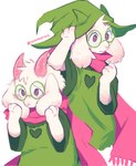2_horns anthro blush blush_lines clothed clothing eyewear floppy_ears fur glasses green_clothing green_eyewear green_glasses green_hat green_headwear green_robe hat headgear headwear heart_symbol holding_both_ears horn male pink_horn pink_scarf robe round_glasses scarf shy simple_background solo sparkles standing text wearing_glasses white_background white_body white_fur catosauruus deltarune undertale_(series) ralsei bovid caprine goat mammal 2025 artist_name hi_res