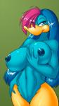 anthro areola beak big_breasts blue_body blue_eyes blue_feathers blue_hair blush breasts curvy_figure erect_nipples feathers featureless_crotch female hair holding_breast huge_breasts looking_at_viewer multicolored_hair nipple_dip nipples non-mammal_breasts nude pink_hair smile solo thick_thighs two_tone_hair voluptuous wide_hips yellow_body yellow_skin mastergodai knuckle_up! jupiter_(mastergodai) anatid anseriform avian bird duck 2016