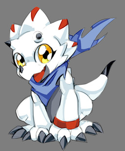 anthro claws horn kerchief male open_mouth open_smile simple_background smile solo tail white_body yellow_eyes psibunny bandai_namco digimon digimon_(species) gammamon hi_res