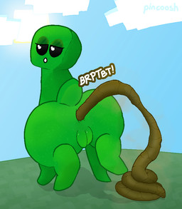 anus bedroom_eyes big_butt black_eyes blue_sky butt cloud eyelashes eyeshadow fart feces feces_pile female female_pooping feral genitals green_body hiked_leg looking_at_viewer looking_back makeup narrowed_eyes outside pooping pooping_on_floor pooping_on_grass presenting presenting_hindquarters quadruped raised_leg rear_view scatplay seductive sky smelly solo sound_effects sun tail vowelless vowelless_sound_effect vulva pincoosh microsoft minecraft mojang xbox_game_studios creeper_(minecraft) digital_media_(artwork) hi_res signature